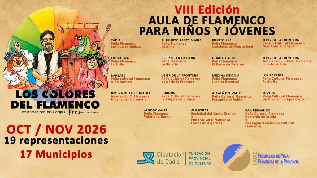 Cartel VIII Edición Aula de Flamenco para Niños y Jóvenes 'Los Colores del Flamenco', Oct-Nov 2026, 19 representaciones en 17 municipios